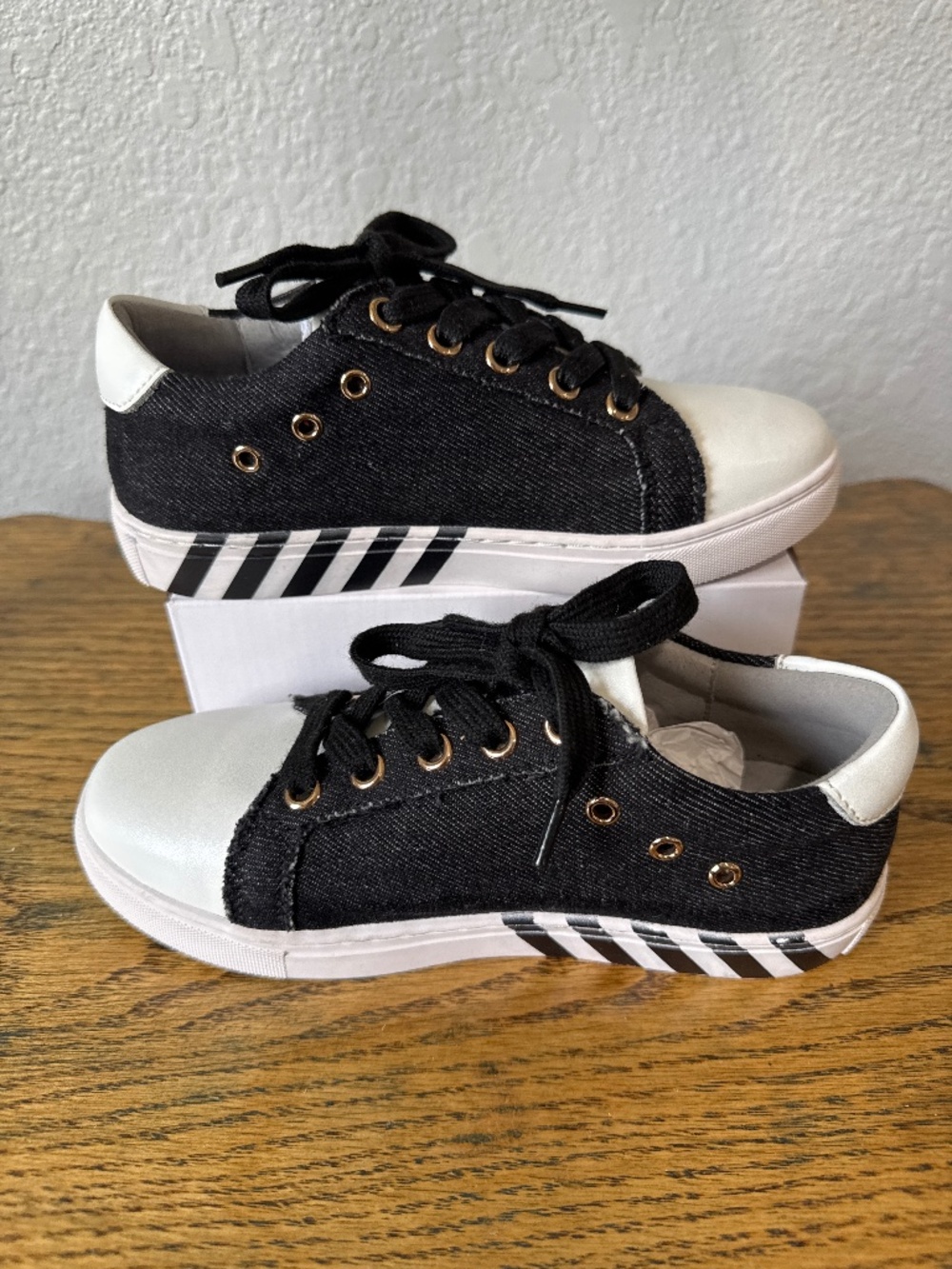 Ruby Label black denim sneakers white leather accents kids size 32 US 1